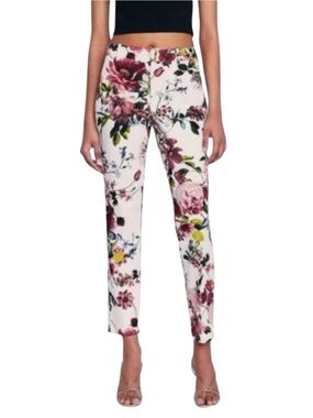 Zara Woman Floral Skinny Ankle Pants White Pink Stretch Trouser Size 4